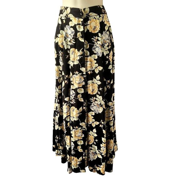 Vintage Blue 80s Full Circle Midi Skirt Jr Sz 7 Black Yellow Floral Button Front - Picture 3 of 6